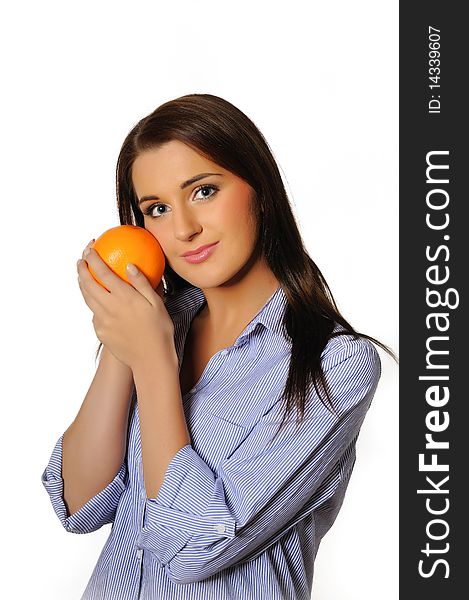 Young beautiful woman with citrus orange fruit having fun. isolated on white background. copyspace