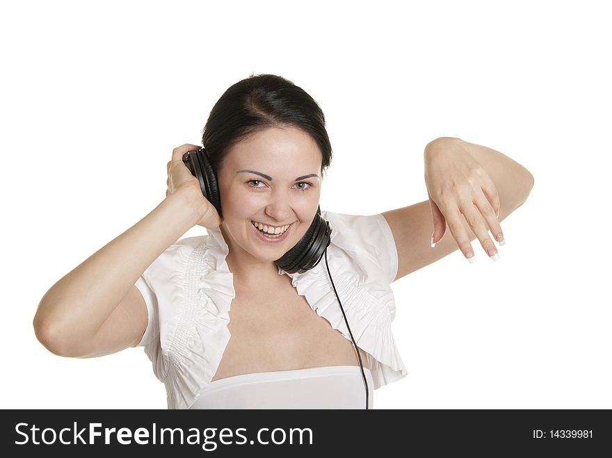 Happy young woman with ear-phones isolated in white