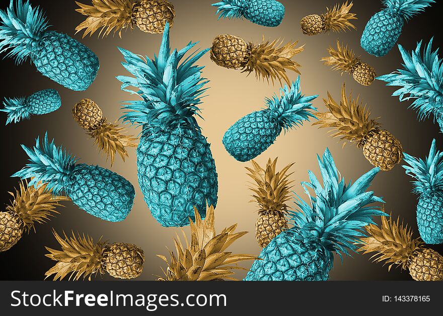 Abstract fruit background with colorful pineapples. Bright fruit concept.