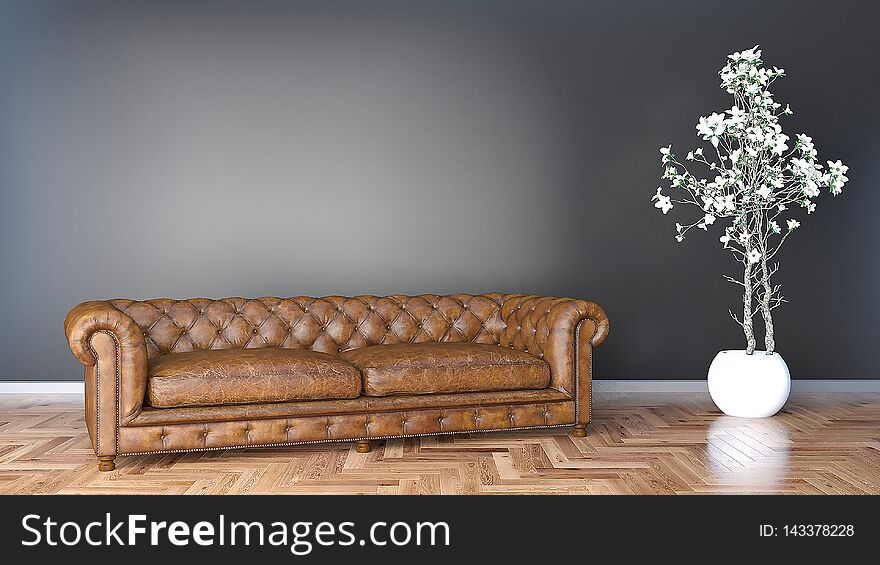 Minimal living room with brown leather sofa and black wall 3D illustration, big plant