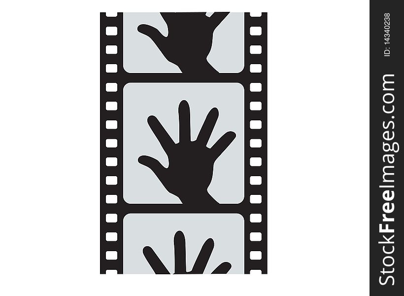 Black and white hand on cinefilm on white background. Black and white hand on cinefilm on white background