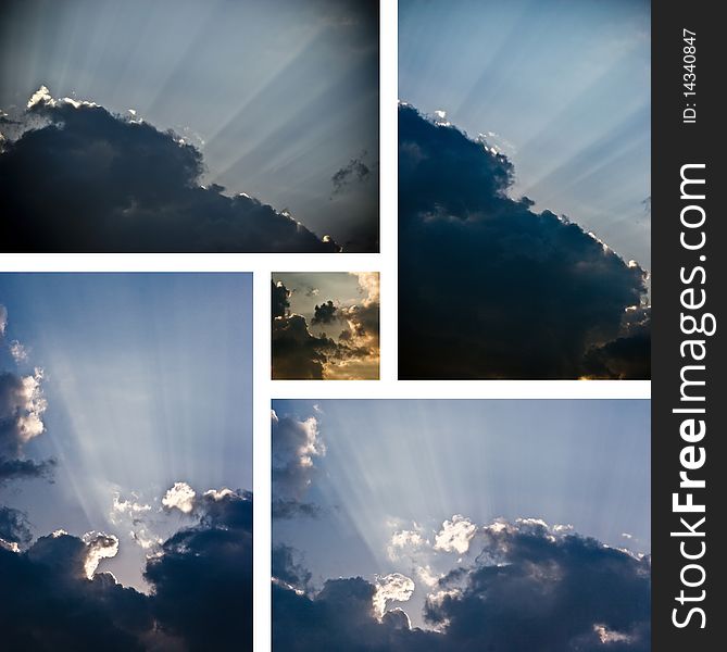 Blue sky and clouds with sun rays collage. Blue sky and clouds with sun rays collage