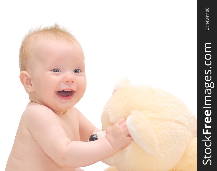 Small girl with big toy bear. Small girl with big toy bear