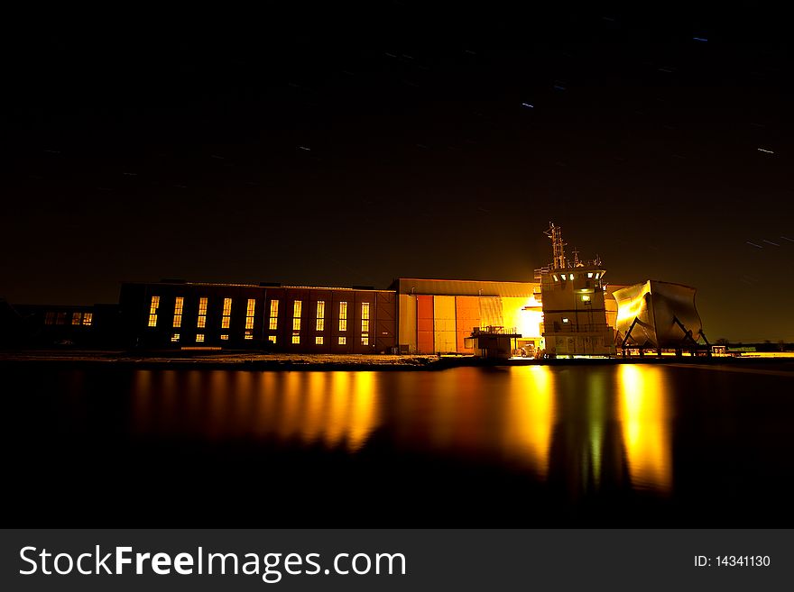 A shipyard at night