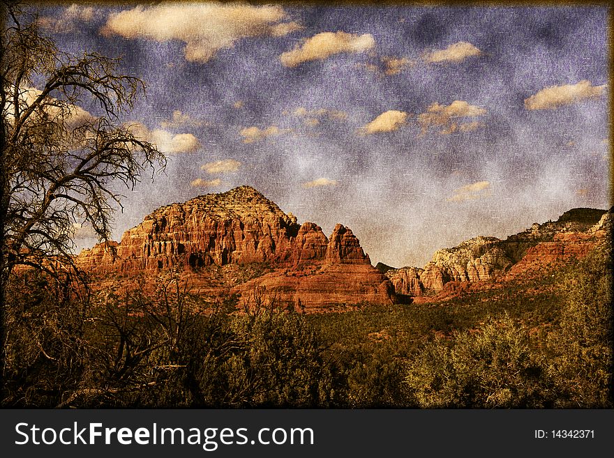 A vintage-styled Sedona, Arizona mountain scene. A vintage-styled Sedona, Arizona mountain scene.