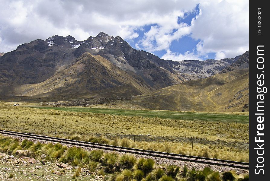 Mountains in southern Peru with RR tracks in foreground