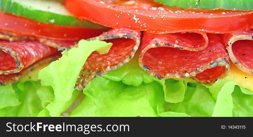 Fresh sandwich with salami cheese and vegetables isolated on white