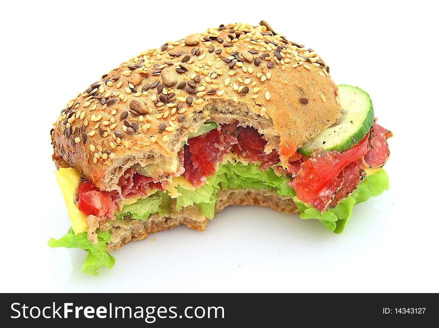 Fresh sandwich with salami cheese and vegetables