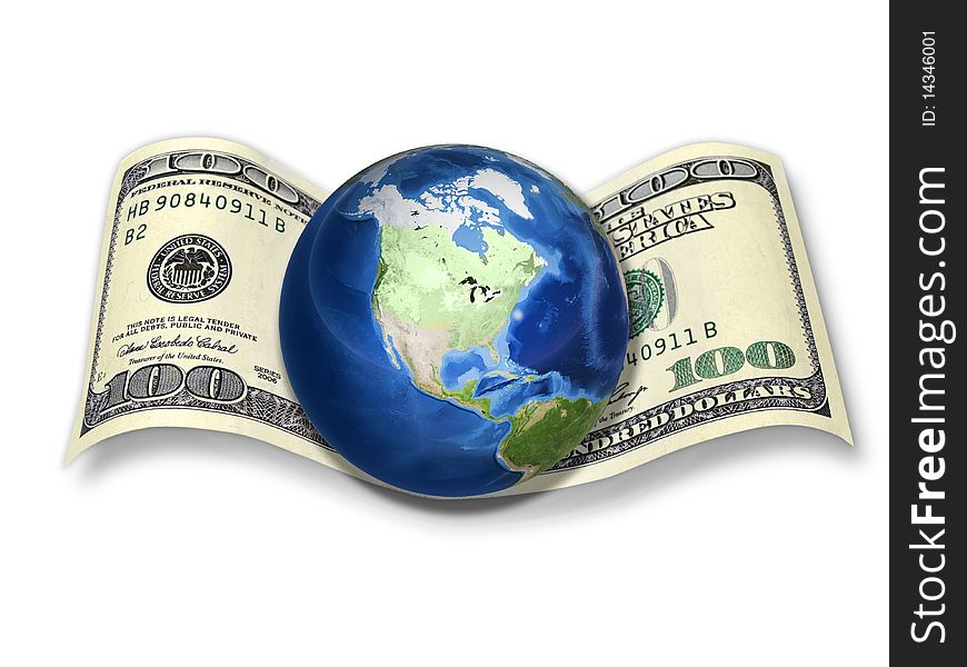 Bill of $ 100 a located in the center of the earth, symbolizing the spread of American currency in the world. Bill of $ 100 a located in the center of the earth, symbolizing the spread of American currency in the world
