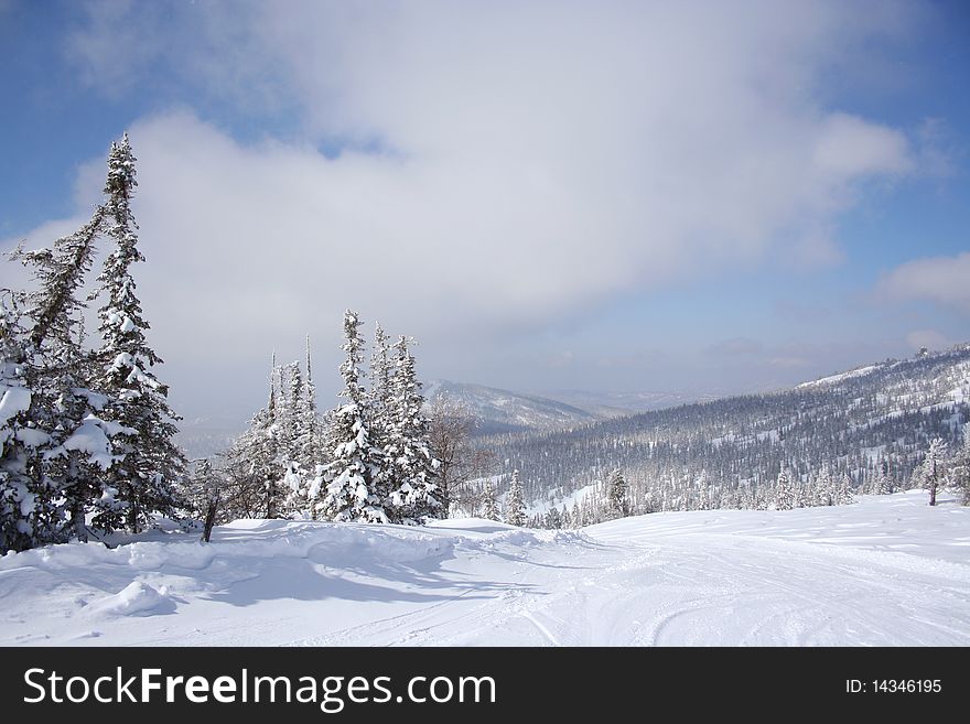 Ski slope in the snow forest in sunny winter day. Photo taken on May 10th,2010.