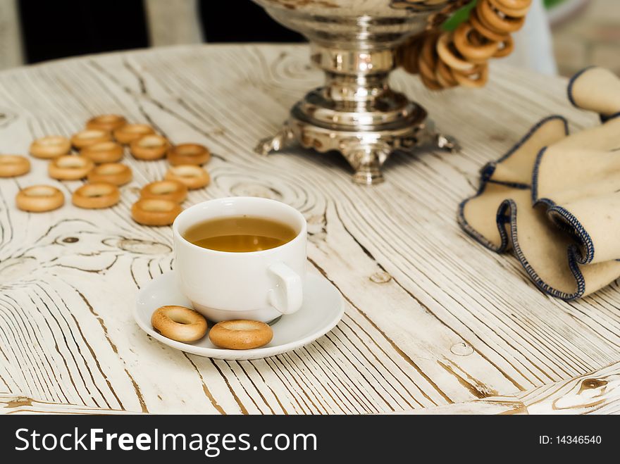 Russian samovar and tea cup in the sauna