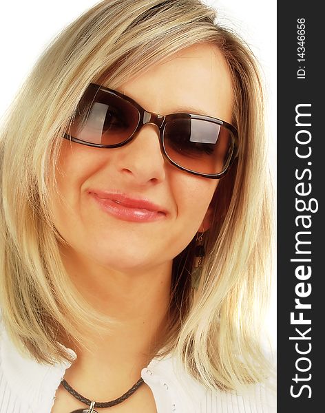 Close up of a beautiful blond woman wearing modern black sunglasses. Isolated on the white. Close up of a beautiful blond woman wearing modern black sunglasses. Isolated on the white.