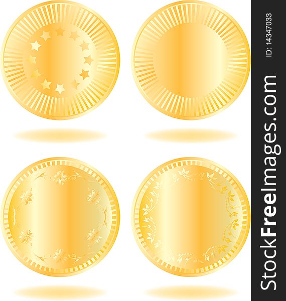 Golden coins set. Various variants of design. Isolated on a white background. Vector will be additional