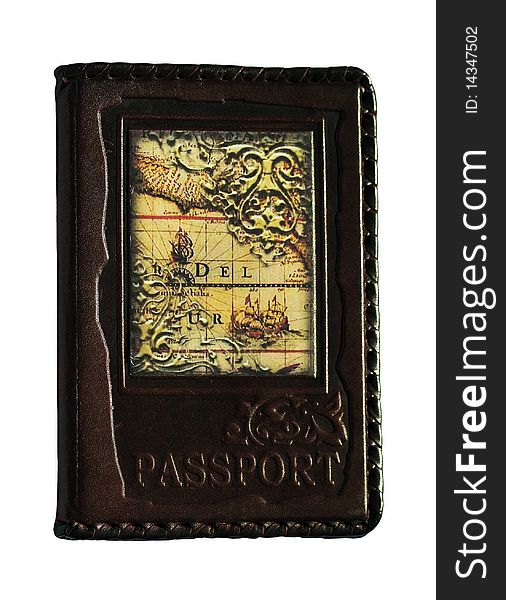 Photo on a white background of dark leather packing for the passports with figure,