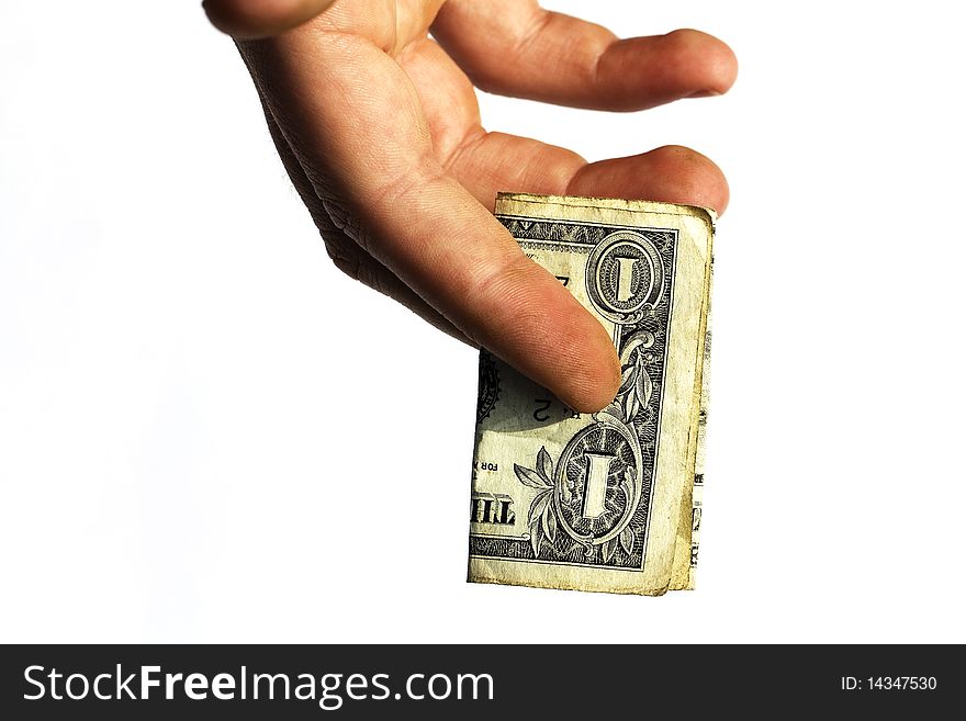 Hand the man with the stretched combined denomination in one American dollar. Hand the man with the stretched combined denomination in one American dollar