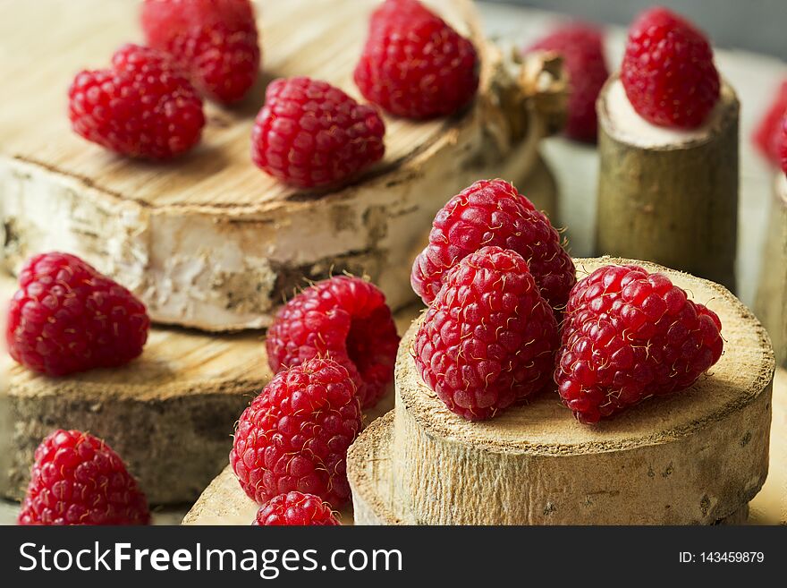 Fresh raspberry berries on stumps