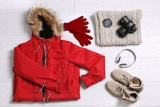 Flat Lay Composition With Warm Clothes For Winter Vacation On Background Royalty Free Stock Photo