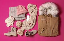 Flat Lay Composition With Warm Clothes For Winter Vacation Stock Photography