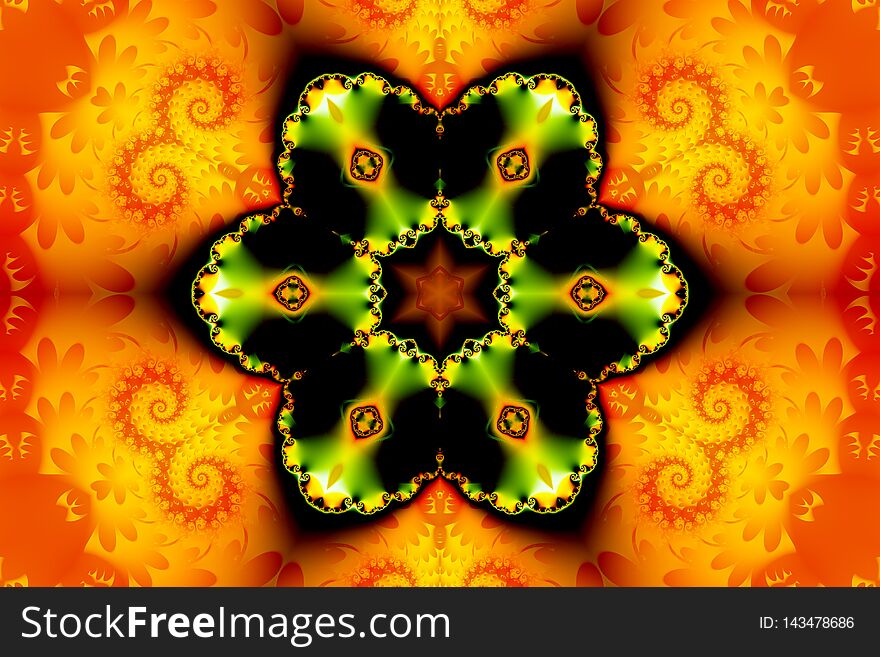 Beautiful abstract figure consisting of a fractal flower and a star on an orange background of fractal curls