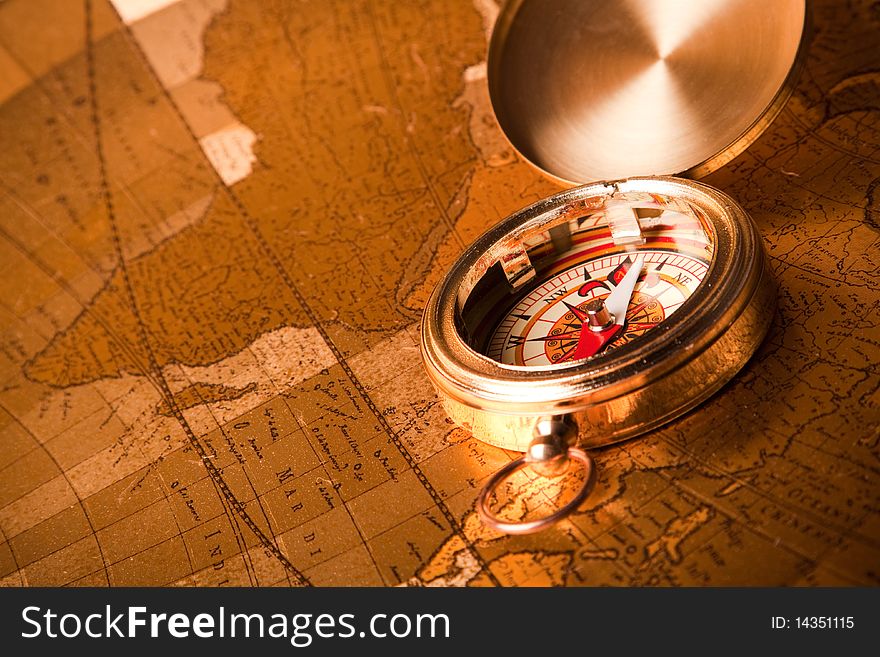 Treasure map, navigation instruments and old gold map background. Treasure map, navigation instruments and old gold map background