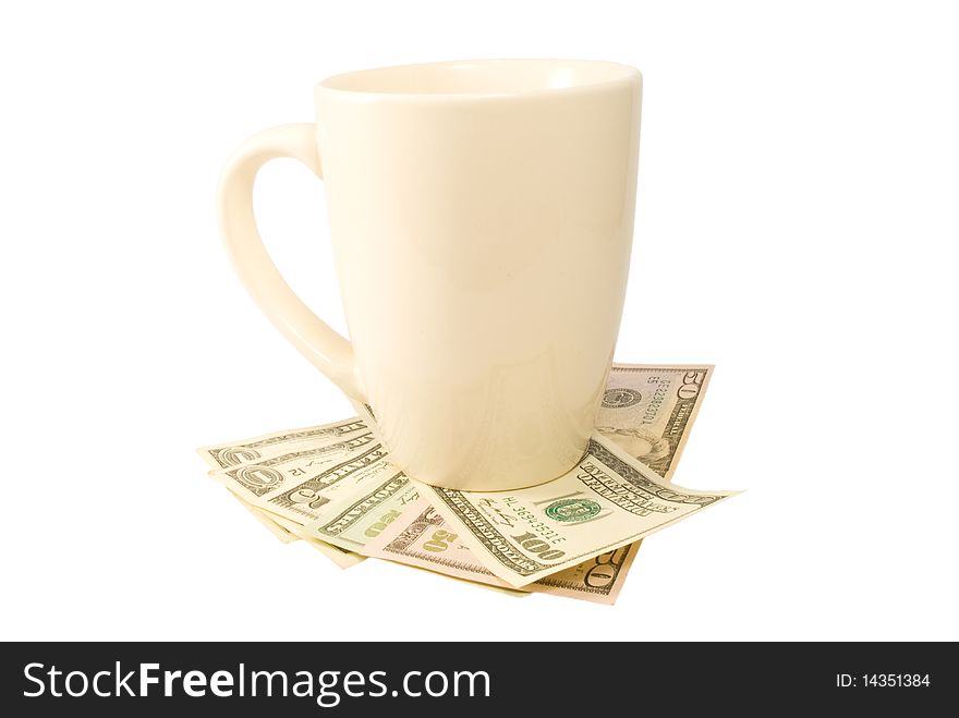 Cup with money isolated on white background