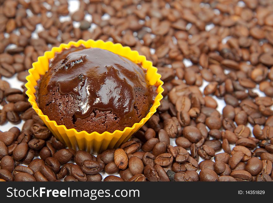 Chocolate Muffin on a coffee beans