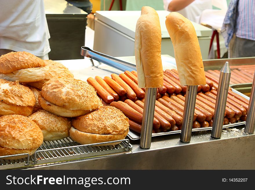 Heap of hot dogs and buns  ready for eating