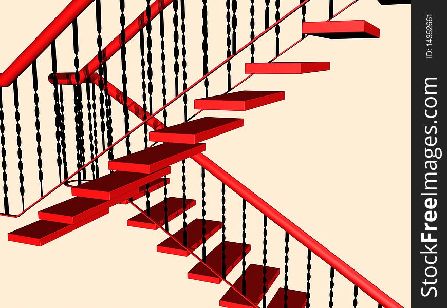 A two-story staircase with red stairs and railings - the object of three-dimensional graphics.