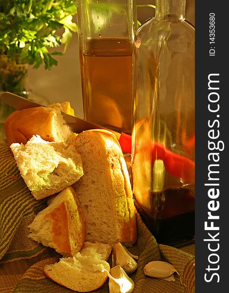 Crusty bread with garlic, olive oil, balsamic vinegar and parsley. Crusty bread with garlic, olive oil, balsamic vinegar and parsley