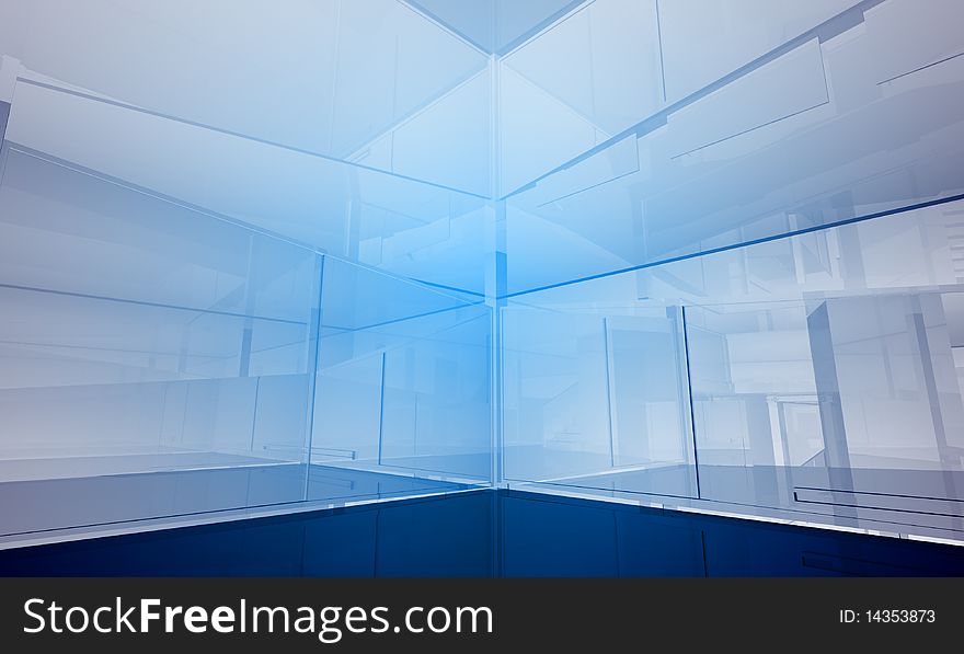 Indoor building. Office space with blue light effects