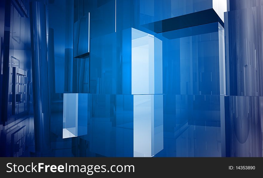 Indoor building. Office space with blue light effects