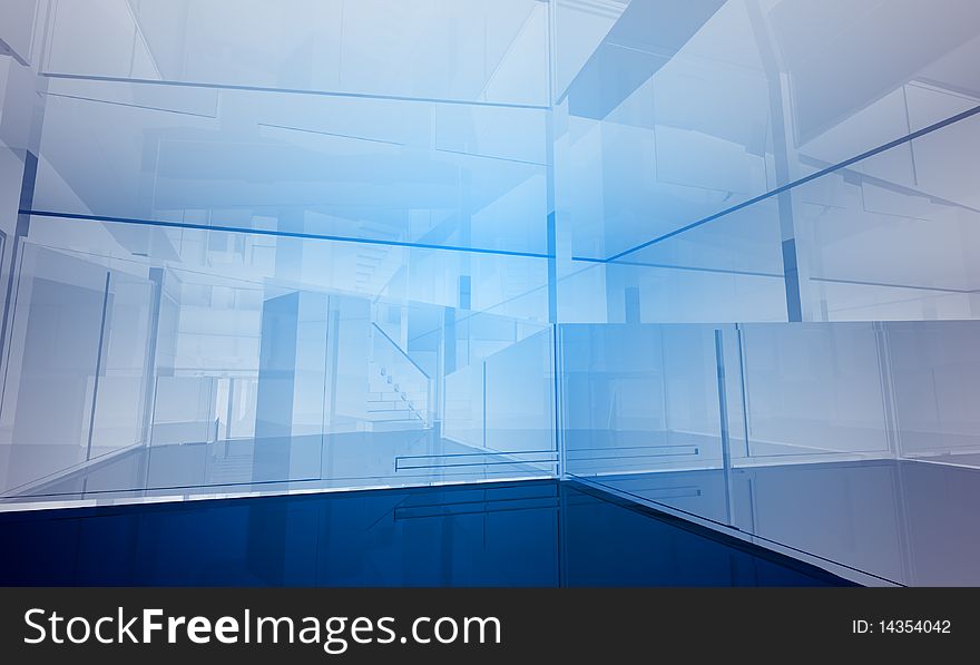 Indoor building. Office space with blue light effects