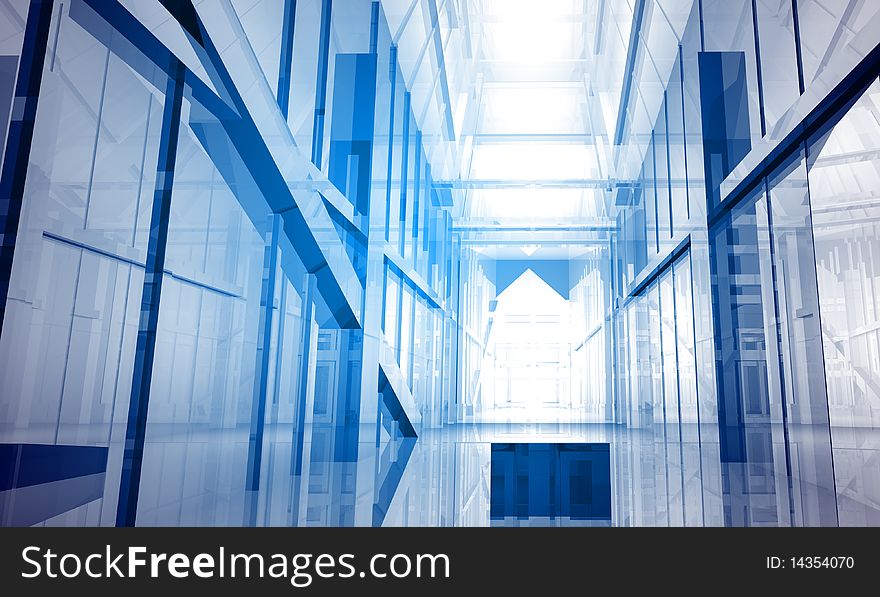 Indoor building. Office space with blue light effects