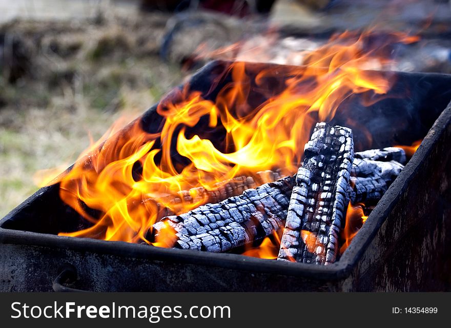 Burning Firewood In The Old Grill