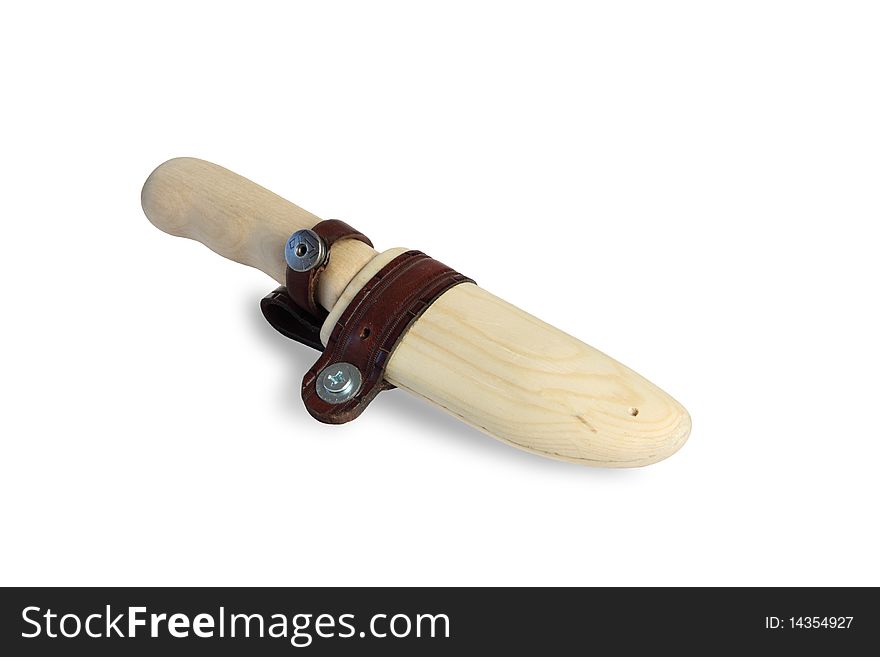 Handmade knife in wooden sheath, isolated