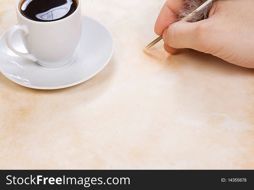 Coffee and writing hand at texture
