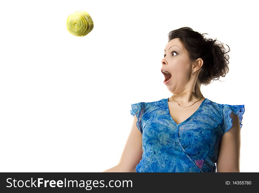 The surprised girl in blue dress over white back