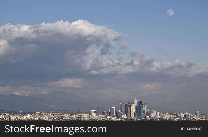 Stormy Sky And Wolfmoon Over Downtown Los Angeles