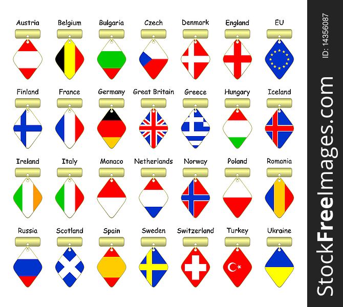 Flags of European countries on a white fone.Twenty eight pieces in the form of medals. Flags of European countries on a white fone.Twenty eight pieces in the form of medals.