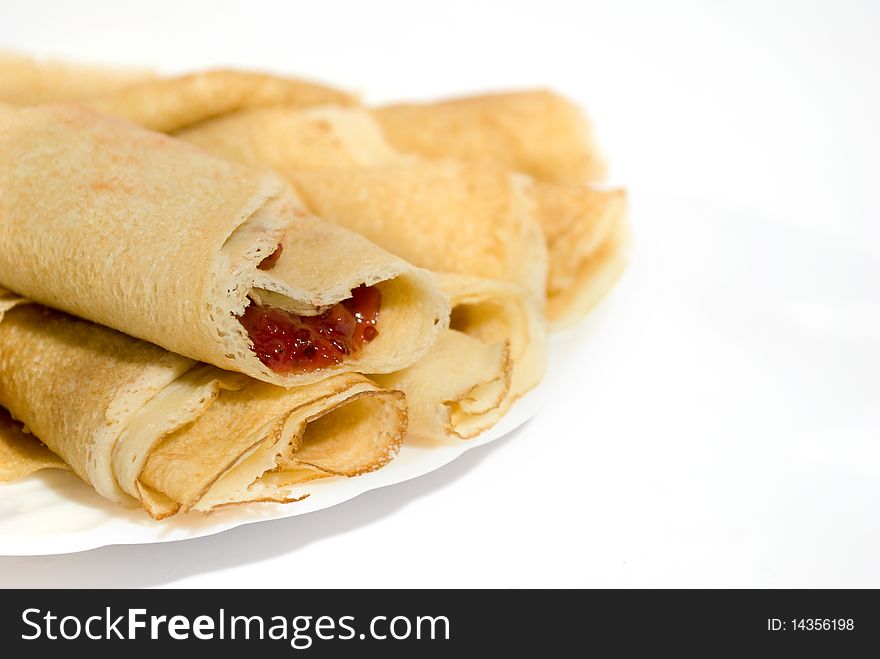 Tasty pancakes with jam ,in white background. Tasty pancakes with jam ,in white background.