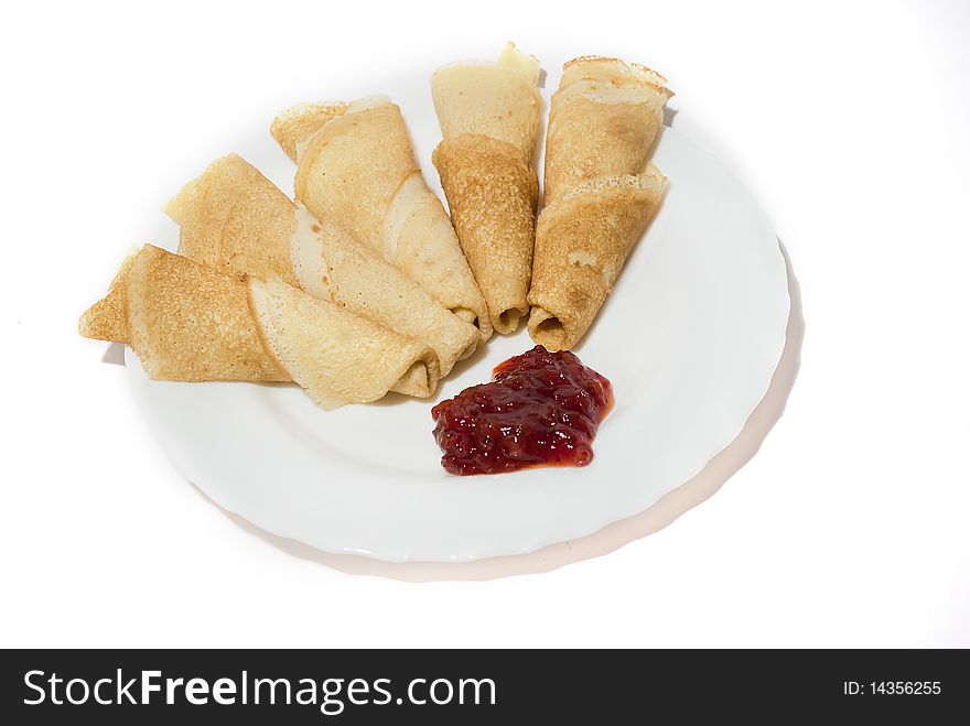 Tasty pancakes with jam ,in white background. Tasty pancakes with jam ,in white background.