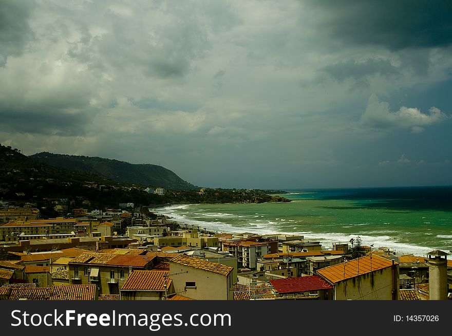 View on Cefalu town near the ocean in Sicily, Italy. View on Cefalu town near the ocean in Sicily, Italy