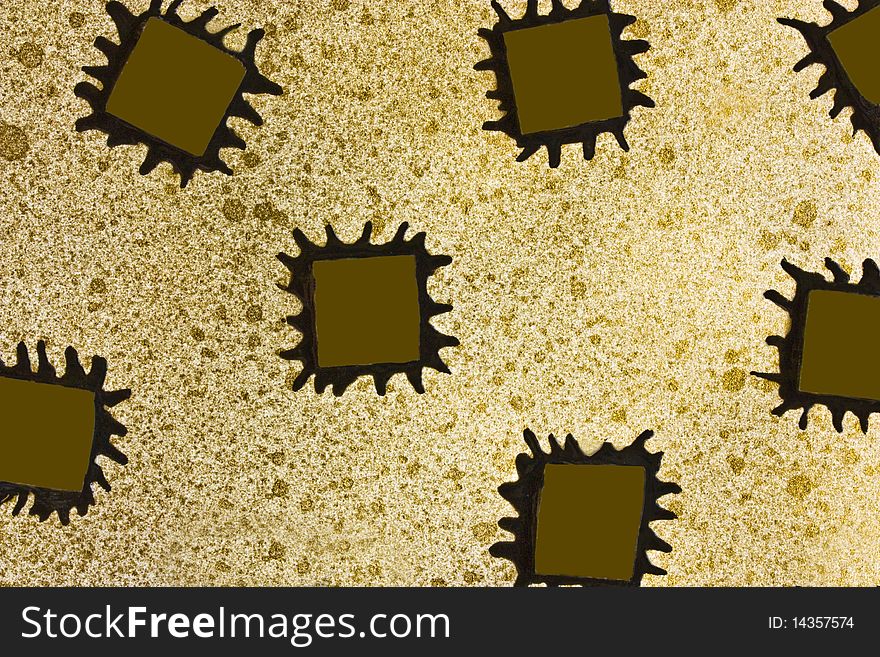 a painting of gold squares surrounded by black outlines on speckled gold paper. a painting of gold squares surrounded by black outlines on speckled gold paper