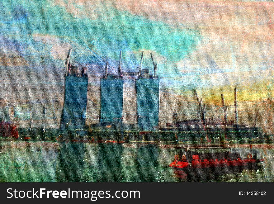 Original oil painting of random office city buildings