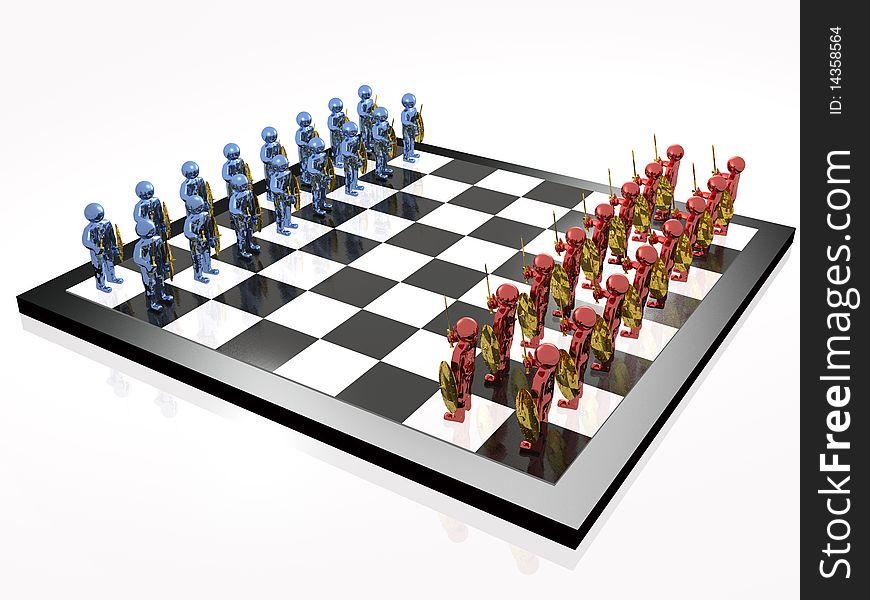 Red and blue soldiers with swords on the chess-board. Red and blue soldiers with swords on the chess-board.