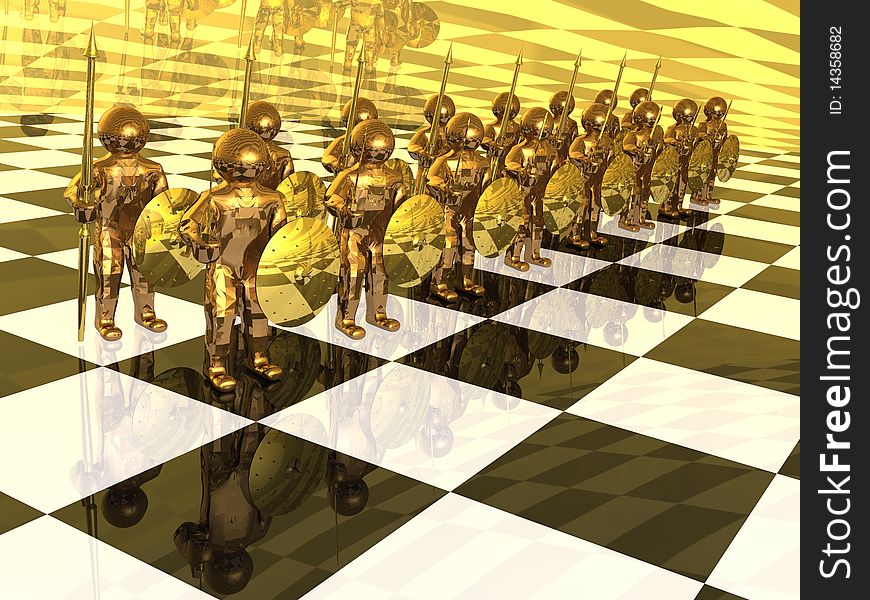 Brown soldiers with swords on the chess-board. Brown soldiers with swords on the chess-board.