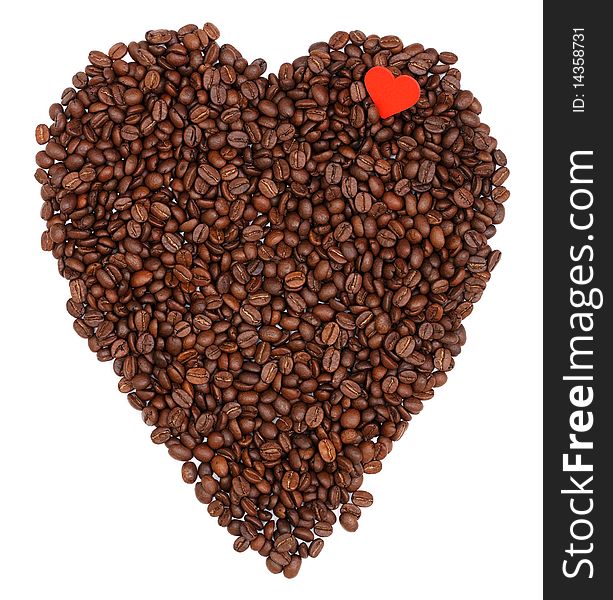 Coffee beans making heart shape with a little red heart on it. Coffee beans making heart shape with a little red heart on it