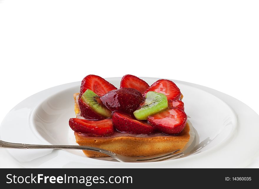 Strawberry cake with kiwi on Plate isolated on White