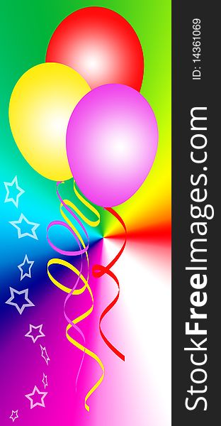 Coloured balloons in the rainbow background with ribbons and stars