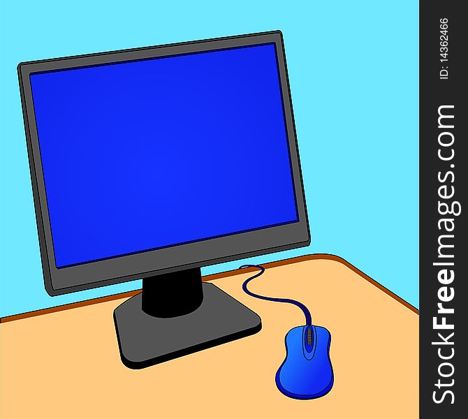 Computer monitor and mouse, vector illustration